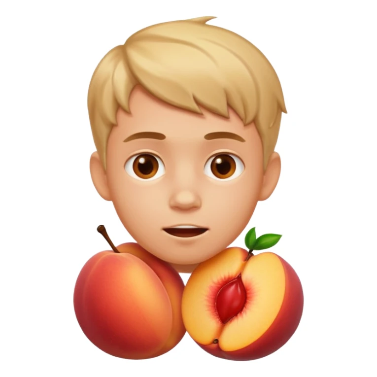Boy with his face stuck in a juicy peach sticker
