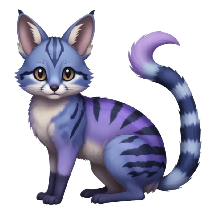  Realistic dull gloomy-dark-deep-grayish-indigo-violet-gradients fur with random markings beautiful elegant pretty precious cute  Fakémon-Pokémon-opossum-feline-serval-caracal-chinchilla-Minccino-hybrid-creature with a big fluffy bushy striped tail (full body) sticker