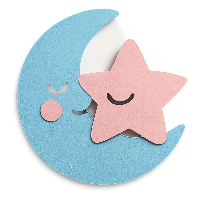 cute blue crescent moon hugging a pink star, soft pastel palette, no arms or legs, full body, paper craft style sticker