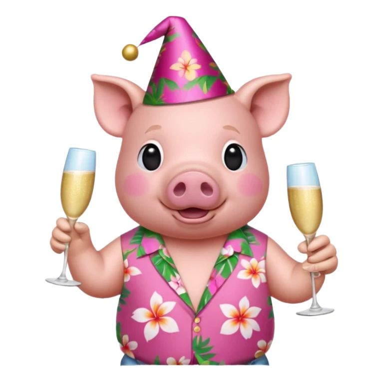 Pig with aloha shirt, birthday hat, champagne glass sticker
