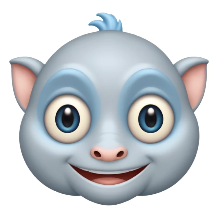 No head..it has 1 eye....stands upright ...wears clothing. is light grey and light blue..looks happy and cuddly... doesnt have a full head.... there is a appendage coming out of top of body with a single large eye sticker