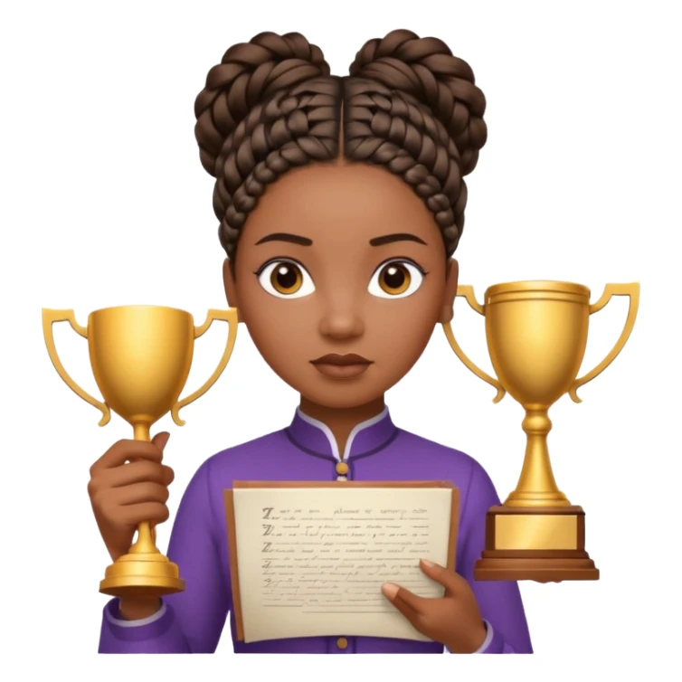 generate an emoji for this phrase, Start strong to earn trust and be noticed. End strong to be remembered. make it a black woman in braids updo looking determined with a script in hand and a trophy sticker