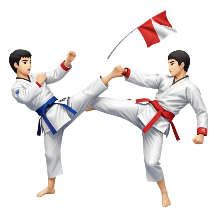 Two taekwondo fighters in a competition arena, one performing a high spinning kick towards the opponent’s head, while the other blocks with a precise guard. The background features a dynamic, bright arena with flags, emphasizing speed and agility in the martial art. Transparent background  sticker