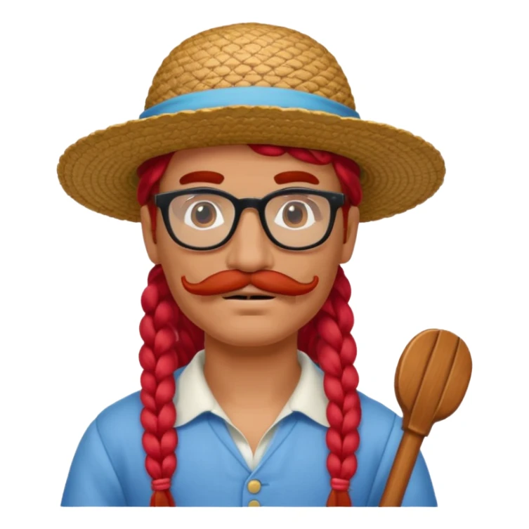 venice gondolier with long red braided hair, iconic hat, normal glassess and red mustache sticker