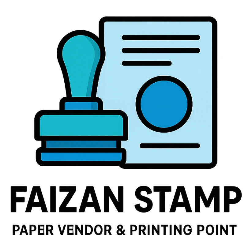 logo for 'Faizan Stamp Paper Vendor & Printing Point', modern stamp and paper icon, professional and clean, blue and black color scheme, suitable for a printing business sticker