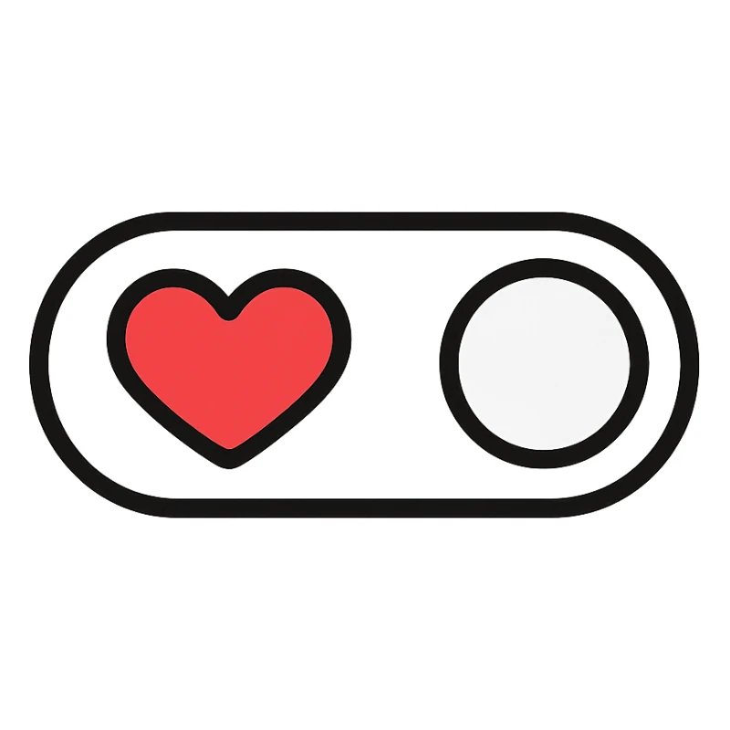 minimalist toggle switch on white background with a large bright red heart on the left and a light gray circle on the right representing the movable part of the switch in off position, rounded shapes, sober colors except vivid red heart, clean and modern design sticker