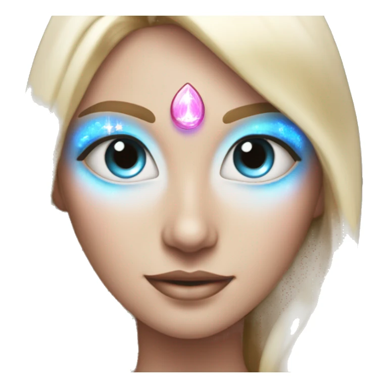 magical diva with thin pink andromedan face long blonde hair and blue eyes glowing third eye sticker