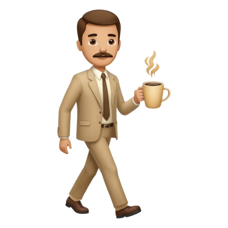 A guy with a mustache walking while holding a coffee cup, and the guy is tired ￼ sticker