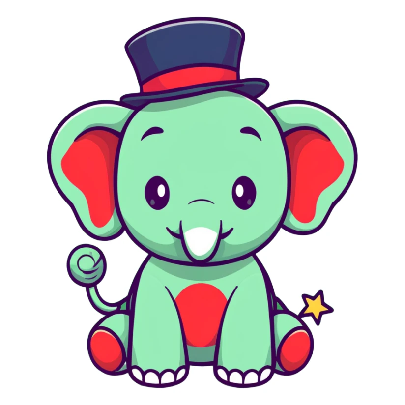 cute red elephant, big eyes, friendly smile, round and simple, wearing a stars-and-stripes top hat, cartoon sticker style sticker