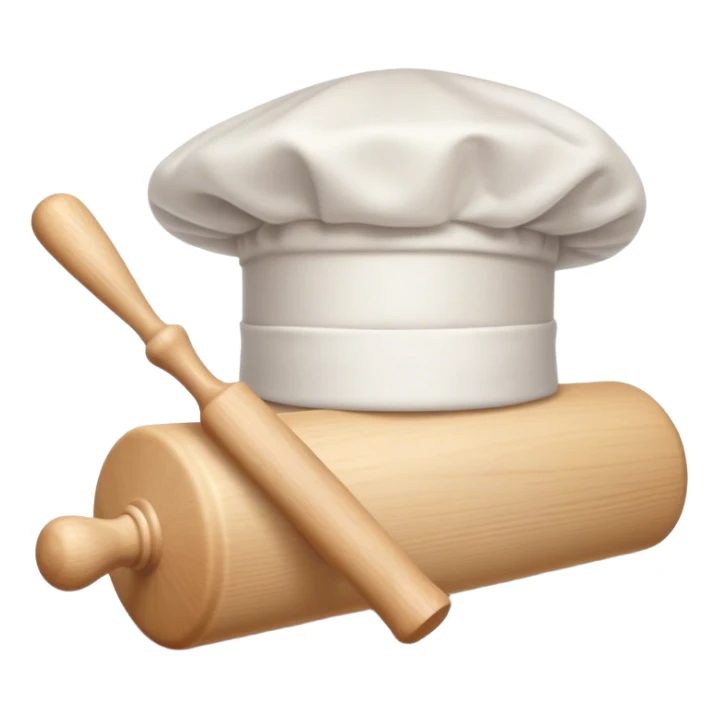 Cinematic Realistic Chef Hat & Rolling Pin, crisp white cotton hat with soft folds, resting beside a classic wooden rolling pin with smooth, polished curves, a light dusting of flour adding authenticity, warm kitchen lighting casting gentle shadows, glowing with a cozy and inviting charm. sticker