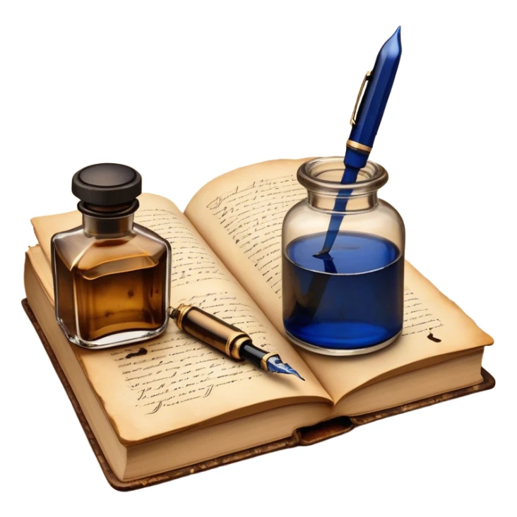Create a vibrant emoji representing prose writing with an old-style, antique look. The design should include semi-turned pages of an old book with unfinished prose written on them. Add a vintage ink bottle (inkwell) and a classic fountain pen or quill with black or dark blue ink flowing onto the pages. Use warm, earthy tones like deep browns, golds, and creams for the book and ink bottle, with subtle ink splatters for an artistic touch. The overall style should evoke a sense of timeless storytelling and literary craftsmanship. Make the background transparent. sticker