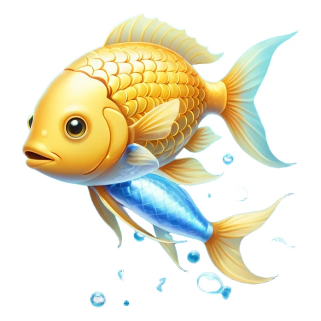 Ethereal golden fish swimming around a glowing brain, with omega-3 capsules floating between them. Flowing streams of luminous energy connect the fish, brain and omega symbol, all radiating with a soft golden light in a dreamy blue aura. sticker