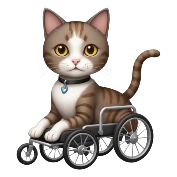 full body small short hair dark brown and white cat with hazel eyes walking in a wheelchair for cats sticker