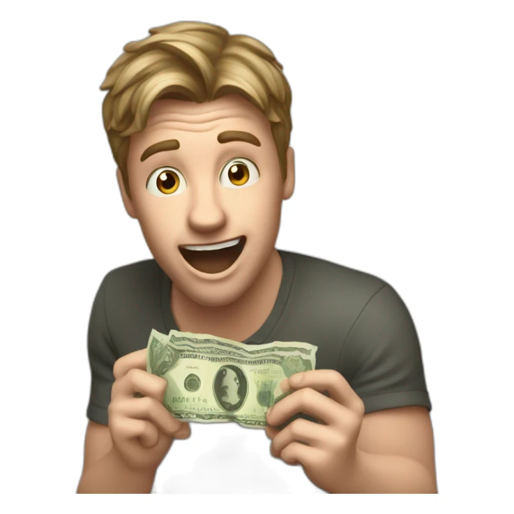 White guy with dark blond hair holding a euro bill in his hands acting surprised sticker