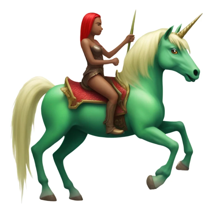 four-legged green unicorn white. a red amazon alien woman, on a unicorn sticker