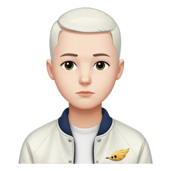 Person side eye with a straight face with a buzz, cut, white hair and a white Hollister jacket sticker