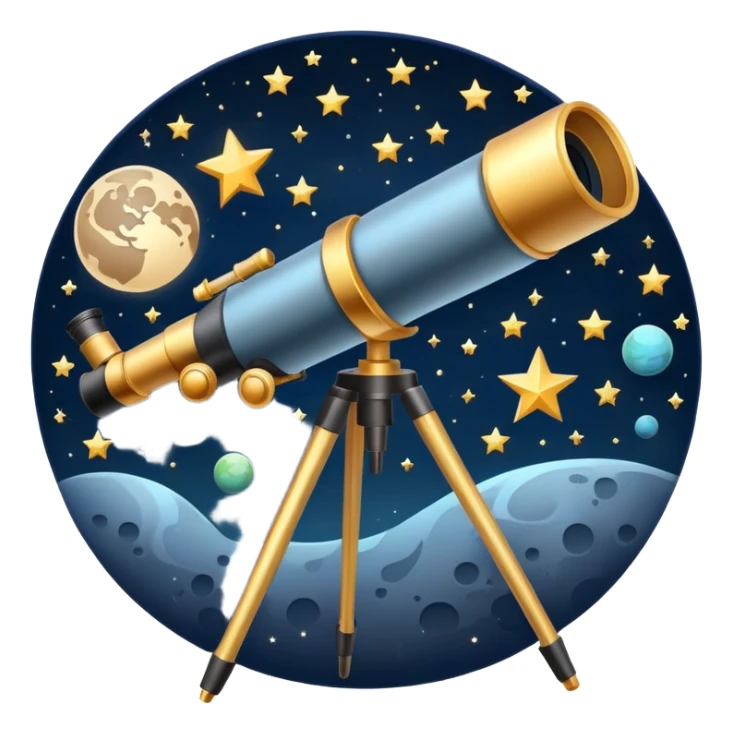 An icon featuring a telescope, stars, and a planet, symbolizing astronomy. The design includes a crescent moon, distant galaxies, and constellations, representing the study of space and celestial bodies. Transparent background highlights the exploration of the universe and cosmic phenomena. sticker