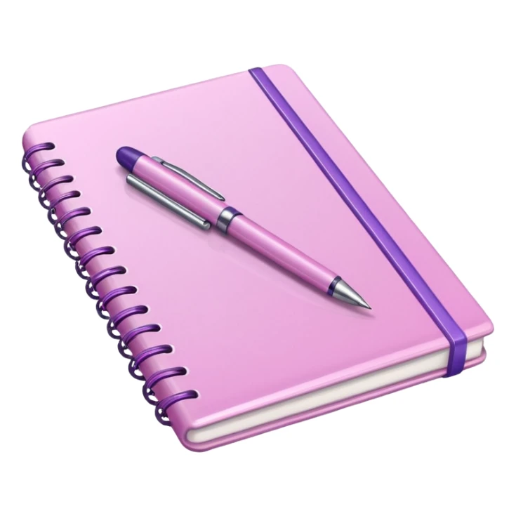 soft pink notebook with a soft purple pen lying on top, iOS emoji style sticker