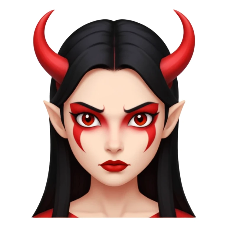 Head only demon girl, strong pronounced cheekbones, sharp angular jawline, skin fully pure red everywhere, long straight sleek black hair, small ho sticker