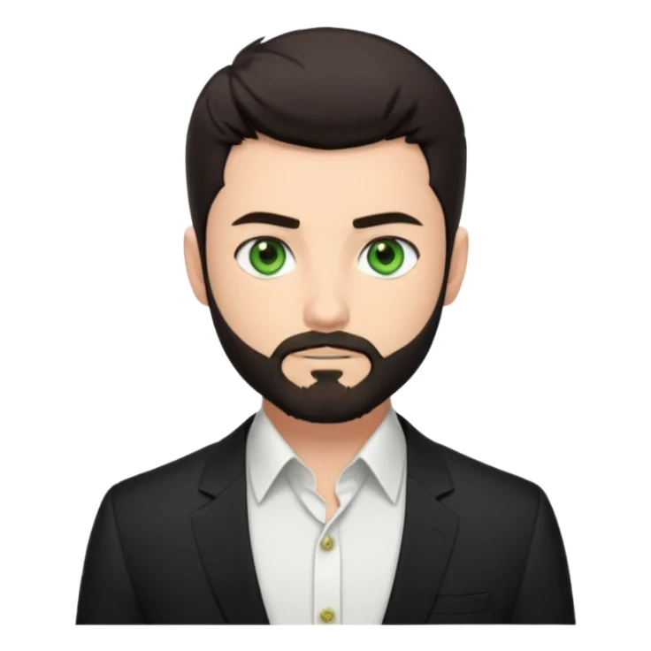 Man with a short full beard, Styled hair, Best looking man in the planet, onepiece style dark hair, green eyes, more anime style more maskulin. Wearing a white formal shirt, first buttons open macho style sticker