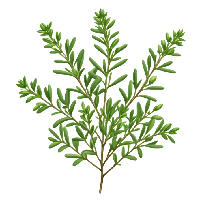 Cinematic Realistic Thyme Emoji, Compact and earthy, with tiny green leaves densely packed on delicate stems. The soft fragrance of the leaves fills the air, creating an atmosphere of warmth and subtle richness. Soft glowing outline, capturing the essence of simplicity and natural healing in a sprig of thyme! sticker