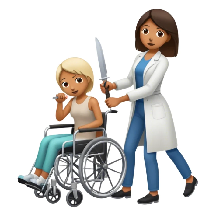 Mujer con cuchillo en la mano, empujando un enfermo en silla de ruedas sticker
