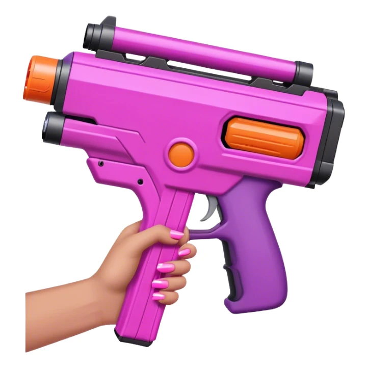 brown hand with pink nails holding large scary dark nerf gun sticker