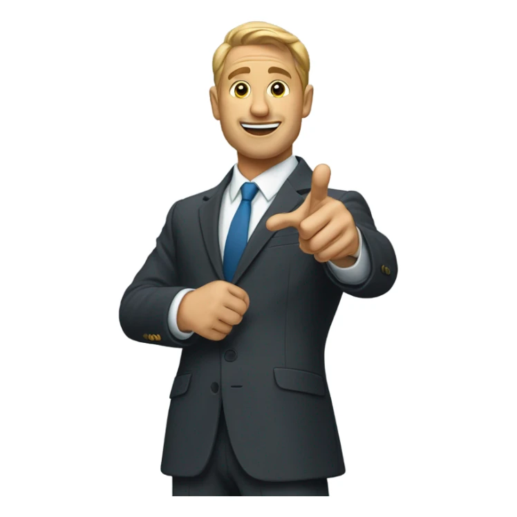 the guy in the suit is pointing to the right.
 sticker