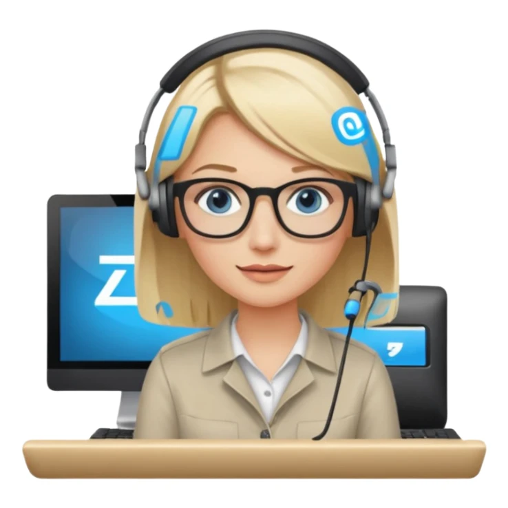 donna bionda occhi azzurri con occhiali, capelli media lunghezza lisci, è al pc è una grafica editoriale e redattrice sticker