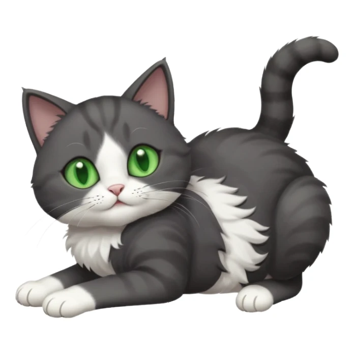 dark grey cat with green eyes, white toes/paws and white patch on her chest playfully rolling upside down sticker