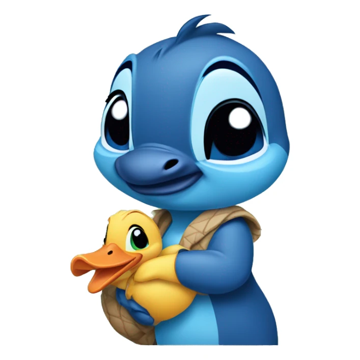 Disney stitch character holding a mallard duck sticker