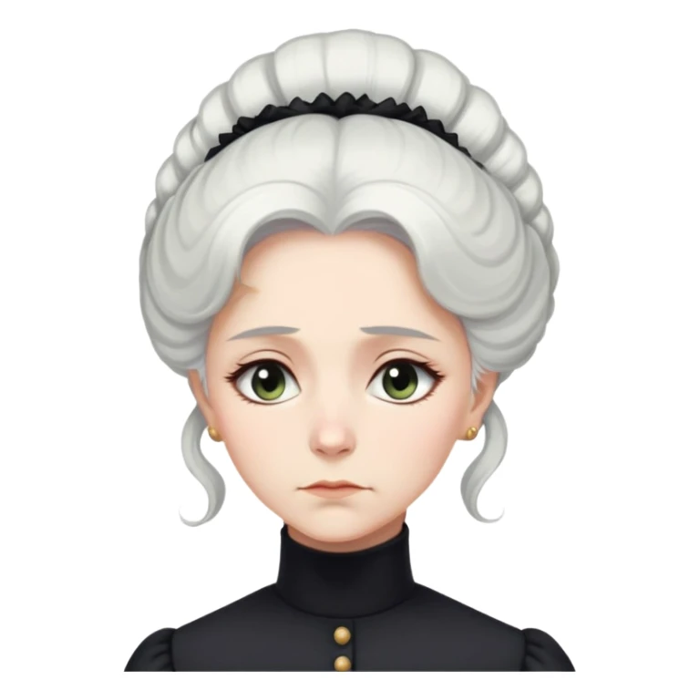 A Victorian woman with elegant coiffed white hair and light eyes wearing a modest unadorned black turtleneck mourning dress looking down with a forlorn expression sticker