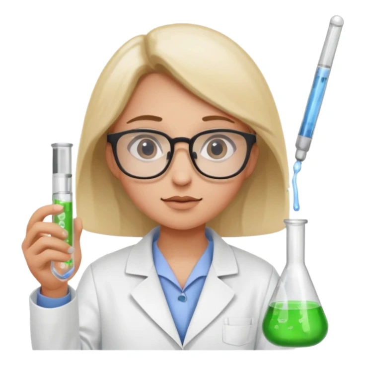 Portrait of a young scientist wearing a white lab coat, glasses, holding a test tube, curious expression sticker