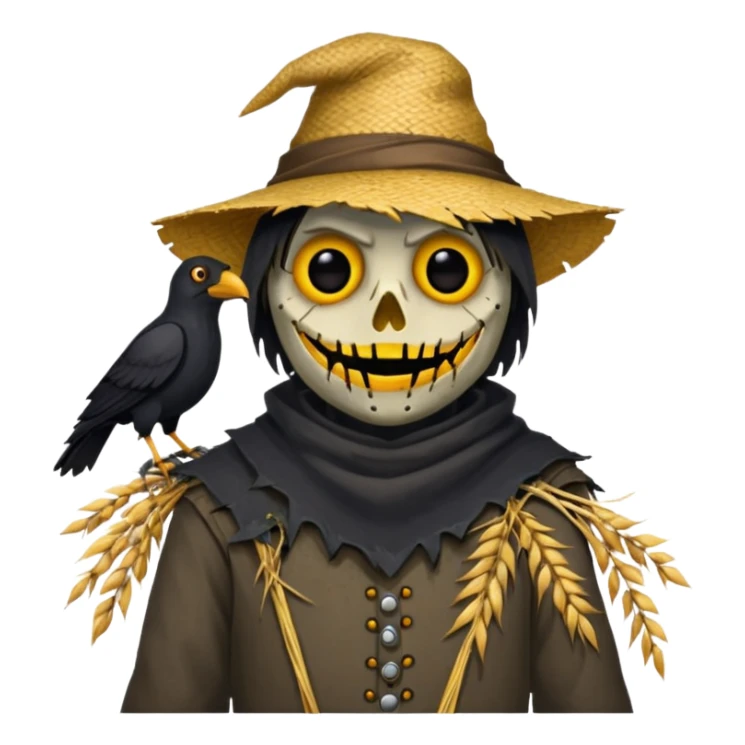 Scarecrow, Torn clothes, stitched mouth, glowing eyes, crow perched on shoulder. sticker