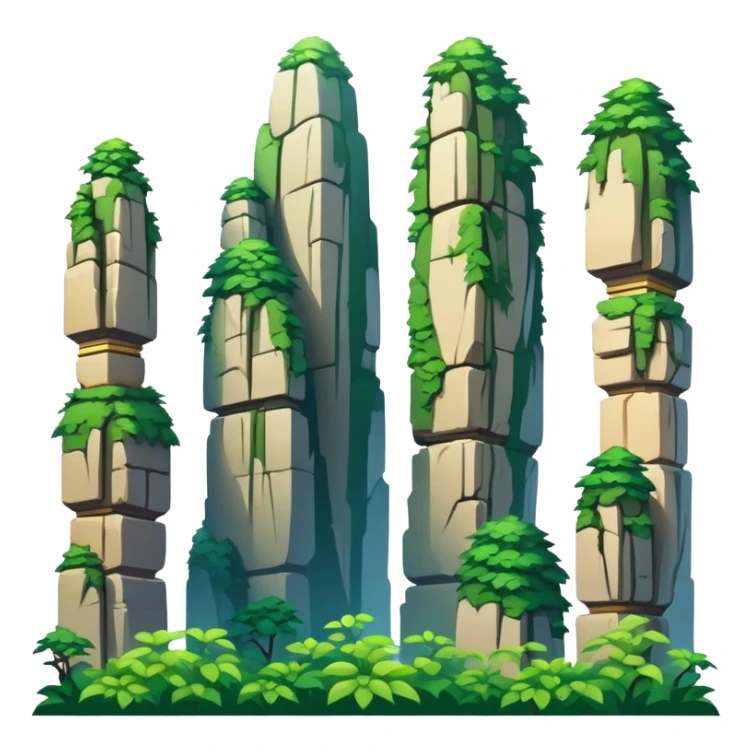 Zhangjiajie Avatar mountains, simplified emoji style with bold outlines and bright colors, cartoon style tall stone pillars with greenery sticker