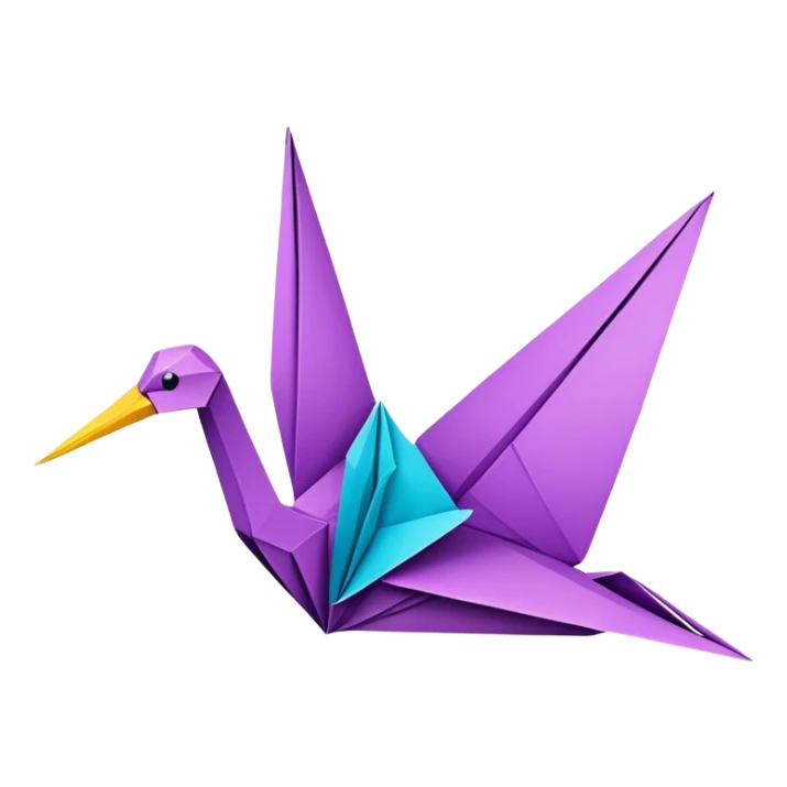 Paper crafting icon, origami crane, folded paper shapes, scissors, vibrant paper, clean folds, minimalistic style, transparent background. sticker