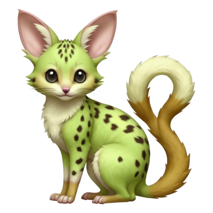Light-neon-green, soft realistic romantic vintage antique divine beautiful elegant pretty precious cute young youthful  Fakémon-Pokémon-opossum-feline-mouse-serval-caracal-chinchilla-Minccino-Cinccino-Meowstic-rodent-hybrid-creature (full body) sticker
