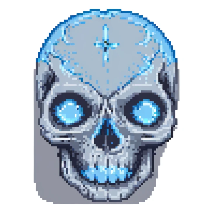 grey crying skull, pixel art style, single blue tear, minimal colors sticker
