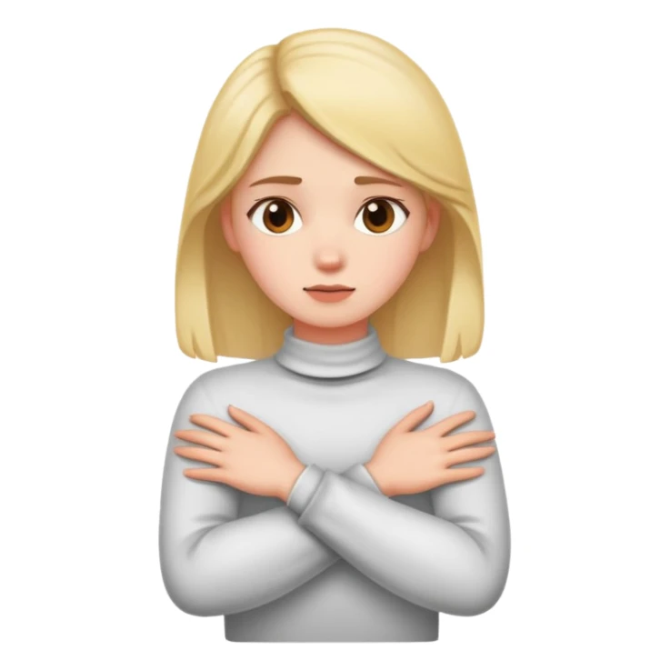 a girl with crossed arms holding her neck sticker