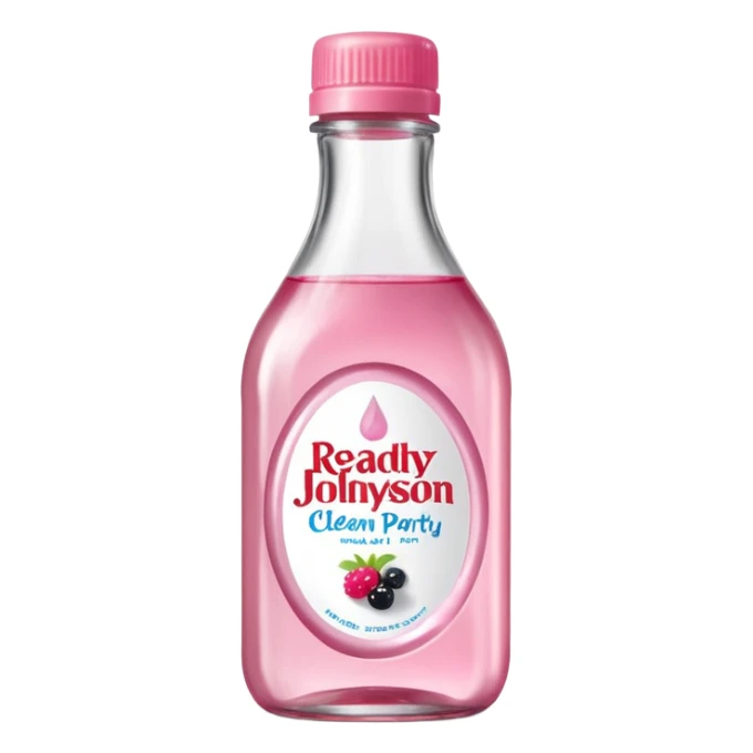 realistic Johnson and Johnson style bottle pink cap pink label clear bottle with berry party written on the logo with diddy logo bottle leaking oil from the top sticker