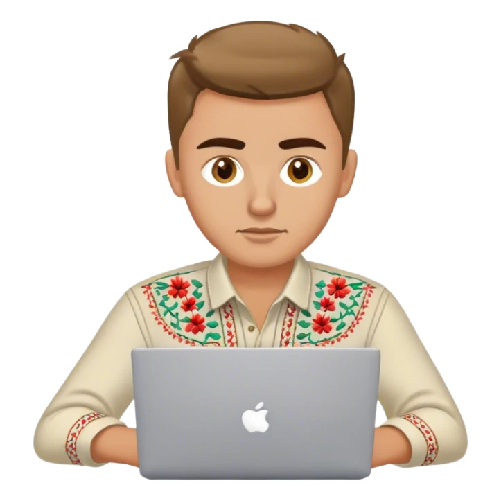 A Ukrainian guy in an embroidered shirt works at his laptop sticker