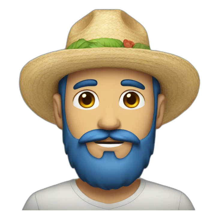 man with black beard and mustache wearing straw hat and blue hair sticker