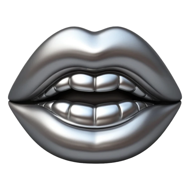 female lips emoji, smooth liquid metal chrome surface, sculpted shape, high-gloss reflections, monochrome futuristic 3D style, isolated on white sticker