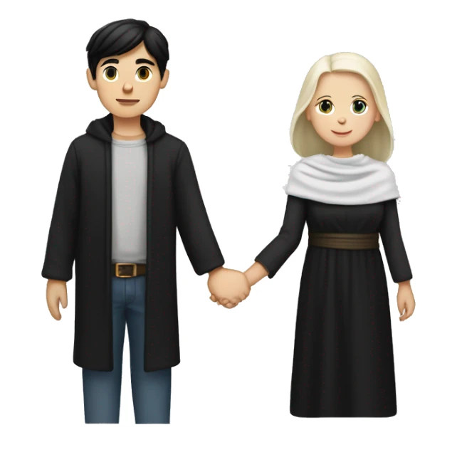 Black-haired, white-skinned, straight-haired boy and white-skinned girl with a black shawl holding hands
 sticker