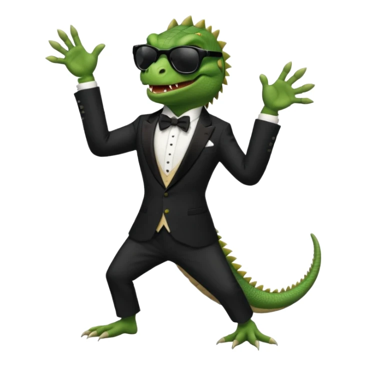 capitalist iguana banker in tuxedo and black sunglasses dancing crazy sticker
