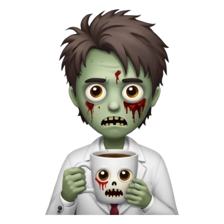 A cute but exhausted office worker character looking like a zombie, holding a giant cup of coffee, dark circles under eyes, messy hair, flat 2D vector art, white background, "Monday Vibes" text. sticker