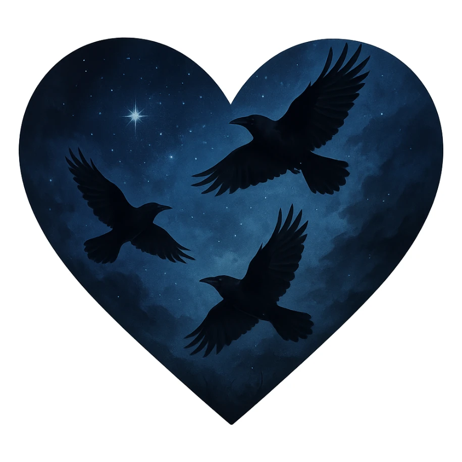  heart with blue night sky and dark ravens, remove background sticker