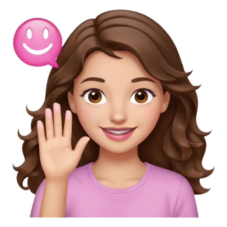 girl with wavy long brown hair, brown eyes, light to medium complexion, long lashes, light pink lipstick, smiling, wearing light pink shirt, slapping sticker