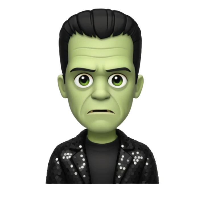 Frankenstein from Universal Monsters with pale greenish skin, black hair, black sequin outfit sticker