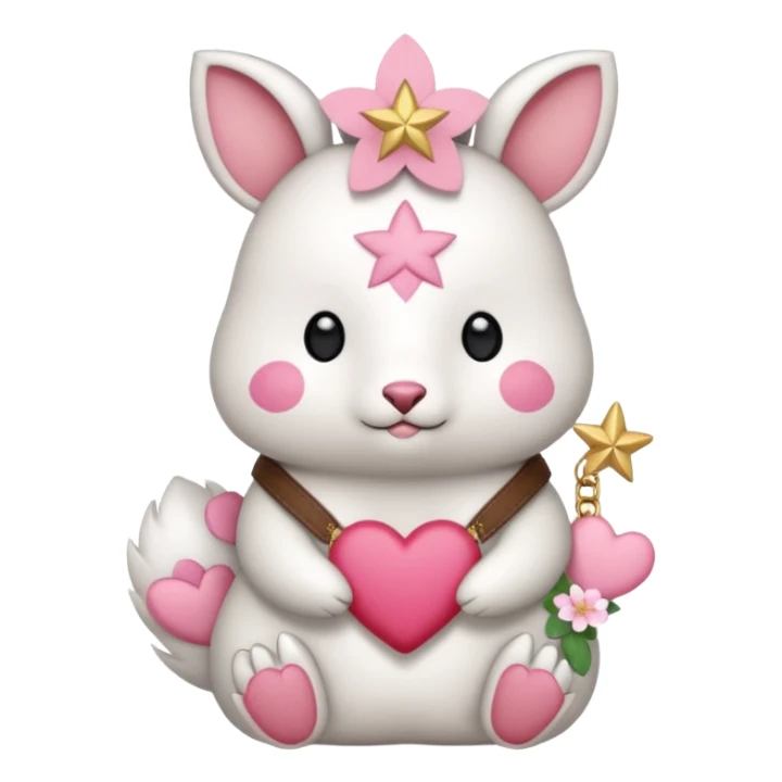 GENERATE ME A MOMONGA WHITE ANIMAL  FROM CHIIKAWA AND PUT A SAKURA FLOWER ON HIS HEAD AND A STAR PELT ON HIS BELLY AND A HEART PURSE ON HIS ARM WITH HIS FACE sticker